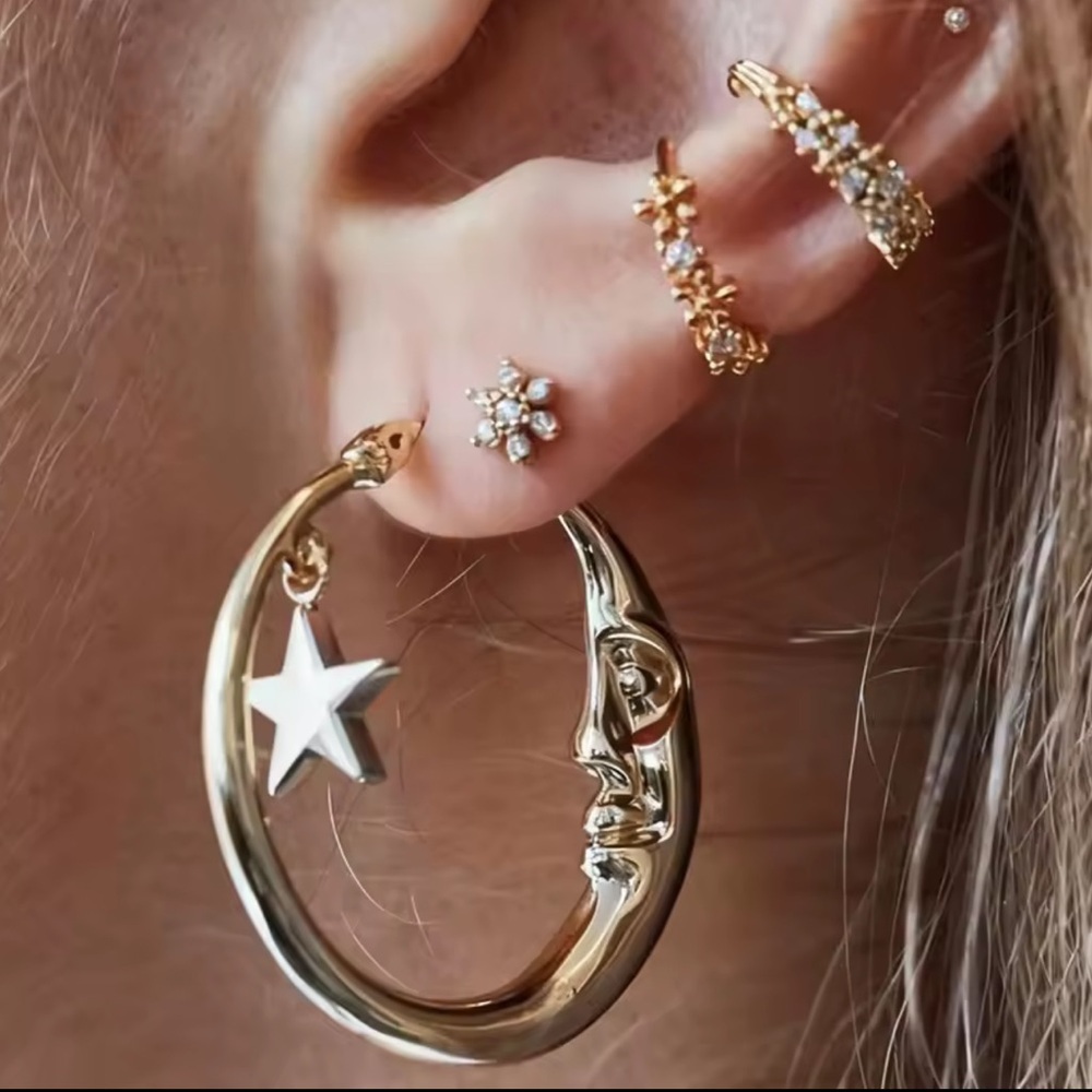 Moon Gold Hoop Earrings with Silver Star Charm
